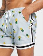South Beach Swim Short With Taping In Blue Pineapple Print