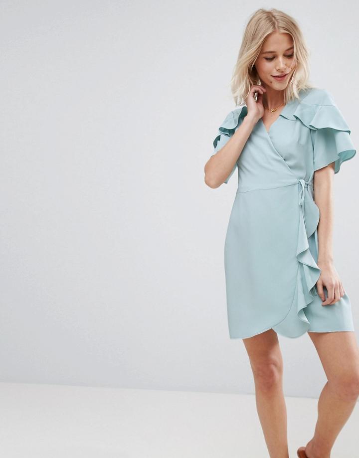 Asos Mini Wrap Dress With Ruffle Sleeve - Blue