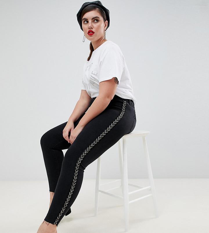 River Island Plus Molly Mid Rise Skinny Jeggings With Embellished Side Stripe In Black - Black