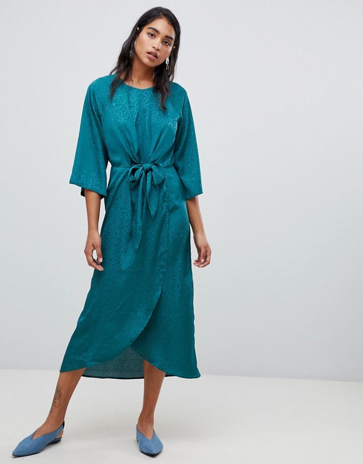 Vila Knot Front Midi Wrap Dress In Teal-green
