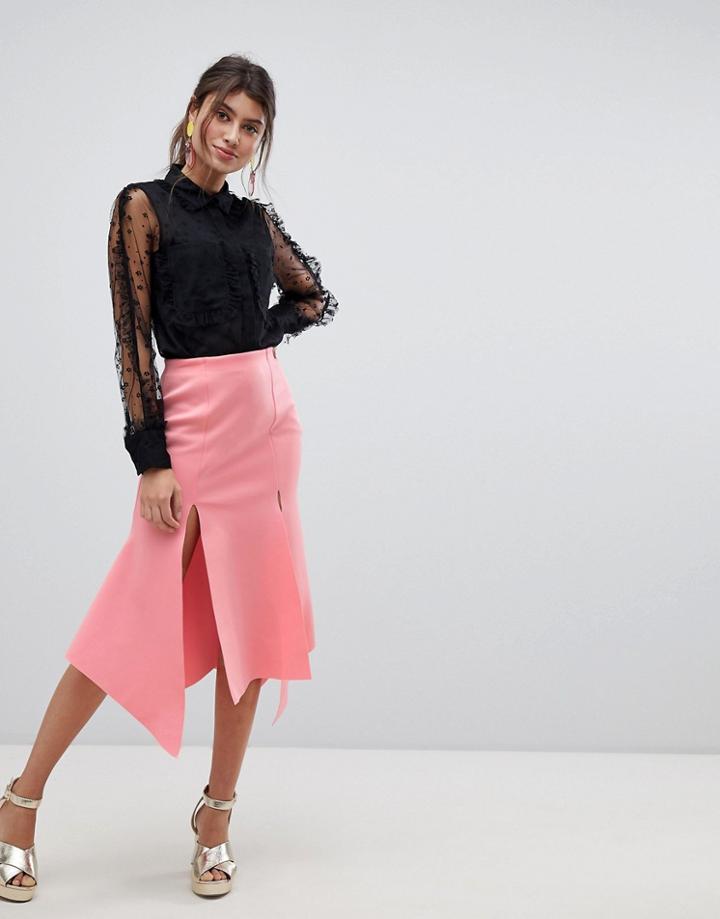 Asos Design Double Split Hanky Hem Midi Skirt In Scuba - Pink