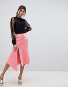 Asos Design Double Split Hanky Hem Midi Skirt In Scuba - Pink