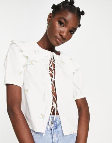 Damson Madder Tie-detail Embroidered Scallop Blouse In White