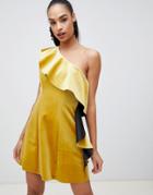 Asos Design Velvet One Shoulder Ruffle Mini Dress - Yellow