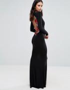Club L Long Sleeve Maxi Dress With Embroidered Floral Back Detail - Bl