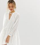 Asos Design Petite Tiered Trapeze Mini Dress In Broderie-white
