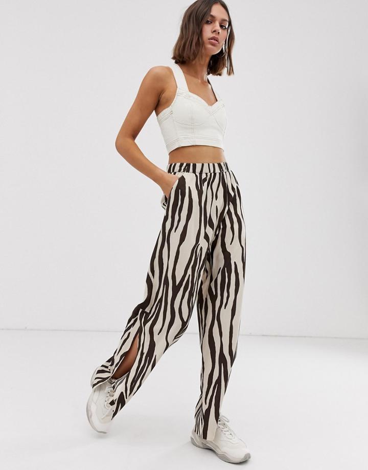 Weekday Wide Leg Zebra Print Pants With Side Slits In Beige - Multi