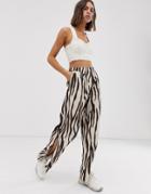 Weekday Wide Leg Zebra Print Pants With Side Slits In Beige - Multi