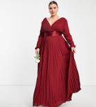 Asos Design Curve Bridesmaid Pleated Long Sleeve Maxi Dress With Satin Wrap Waist In Burgundy-red