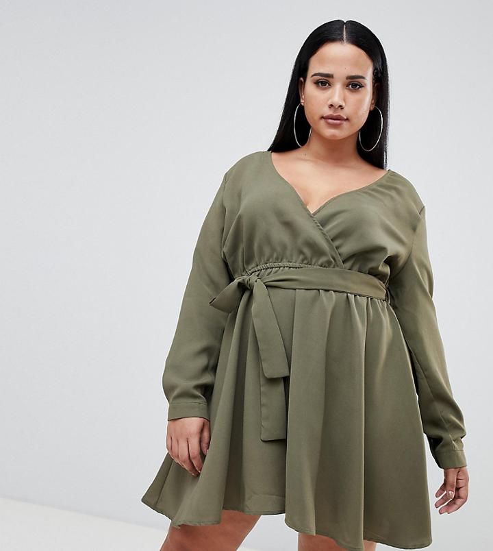 Boohoo Plus Wrap Tie Waist Skater Dress In Khaki - Green