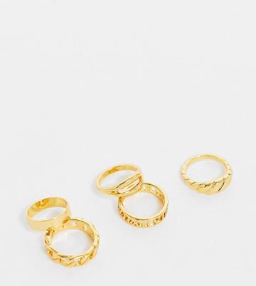 Asos Design 14k Gold Plated Pack Of 5 Rings With Roman Numeral And Minimal Designs