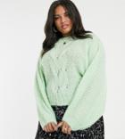 Asos Design Curve Cable Sweater In Lofty Yarn With Volume Sleeve-green