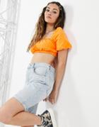 Bershka Puff Sleeve Crop Top With Lace Up Back In Orange