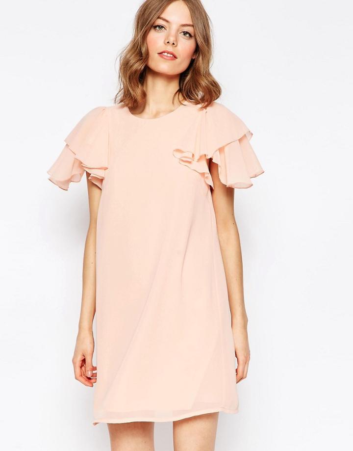 Asos Frill Sleeve Shift Dress - Nude