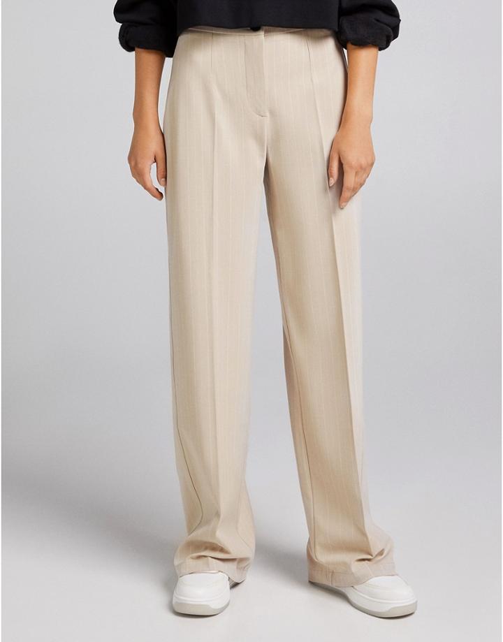 Bershka Wide Leg Slouchy Dad Tailored Pants In Camel Stripe-neutral