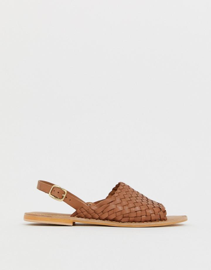 Asos Design Fraction Leather Woven Flat Sandals-tan