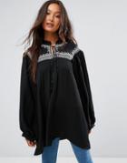 Qed London Tie Detail And Embroidered Top - Black