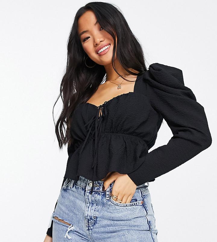 Topshop Petite Textured Tie Front Blouse In Black