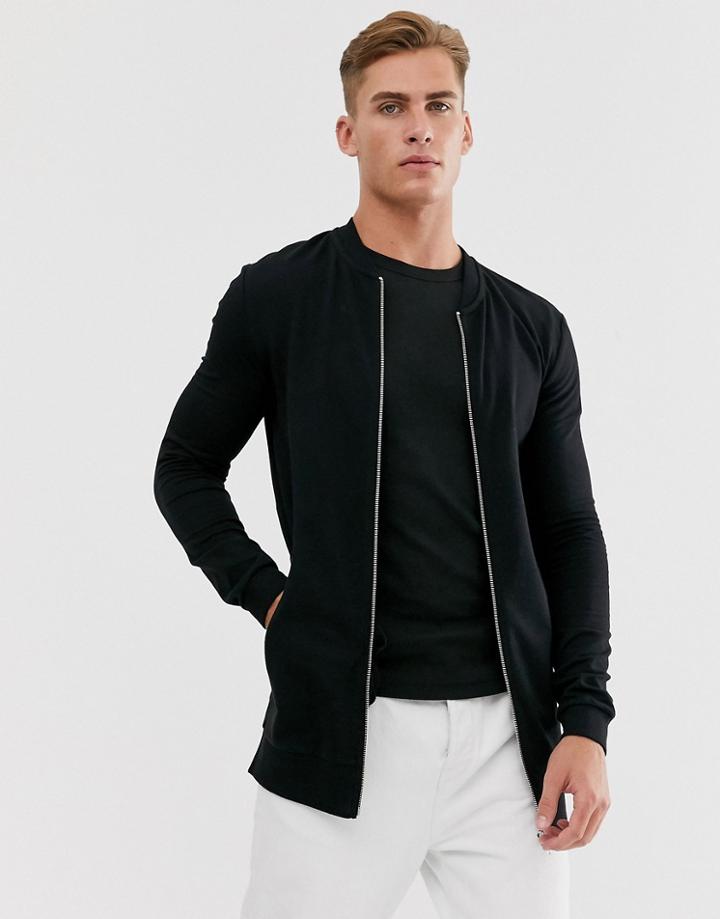 Asos Design Longline Muscle Jersey Bomber Jacket In Black - Black
