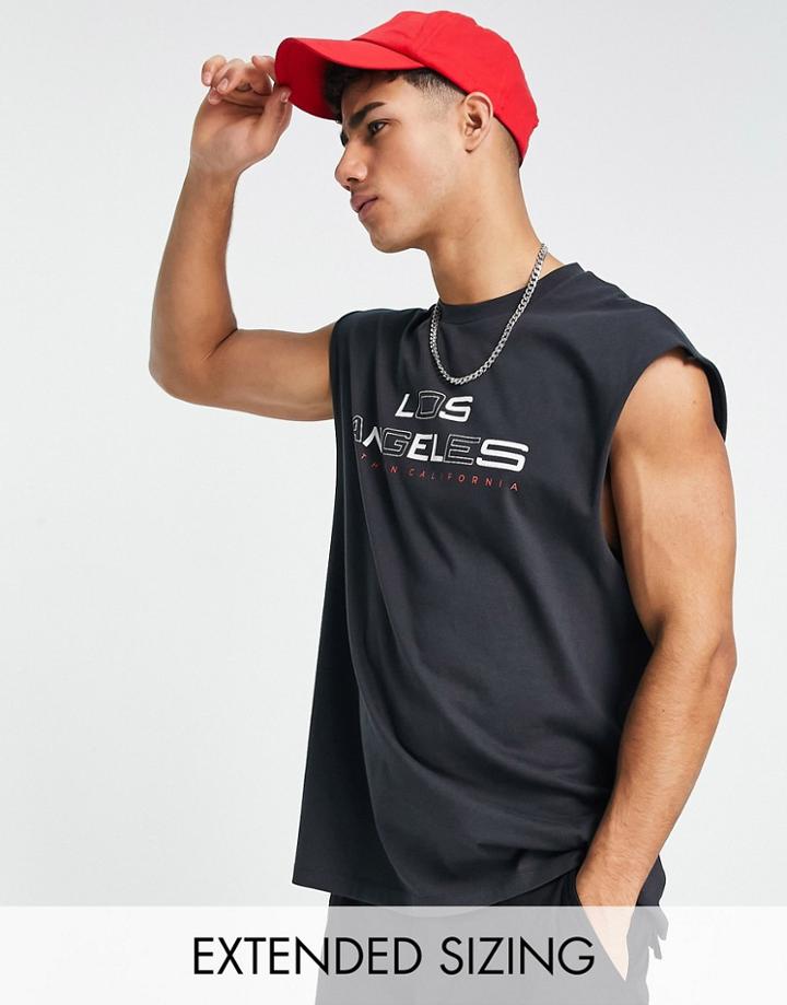 Asos Design Oversized Tank Top In Black With Los Angeles City Front Print