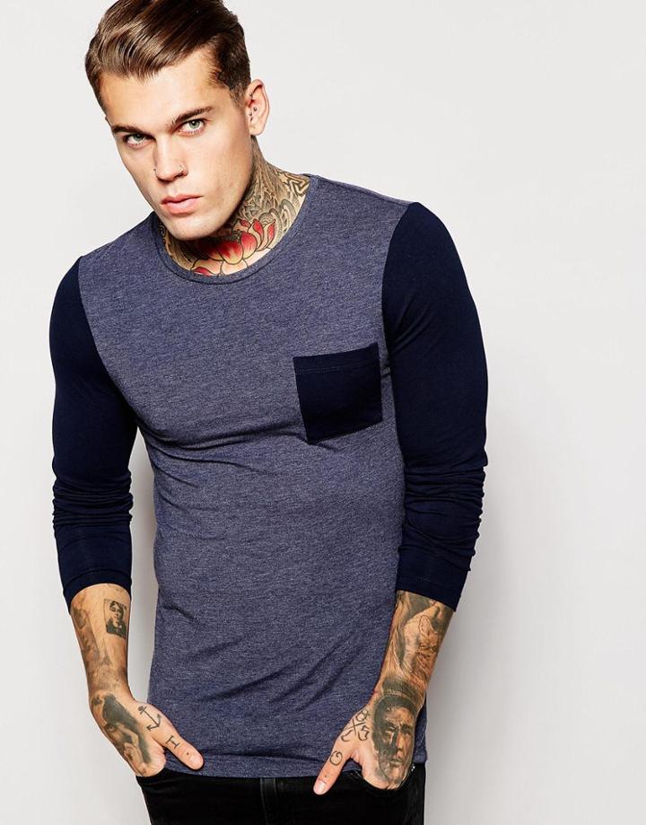 Asos Extreme Muscle Long Sleeve T-shirt With Contrast Pocket And Sleeves