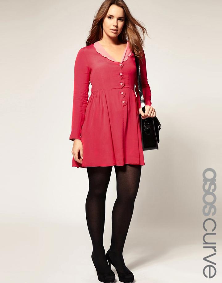 Asos Curve Collar Dress With Scallop Detail - Brown