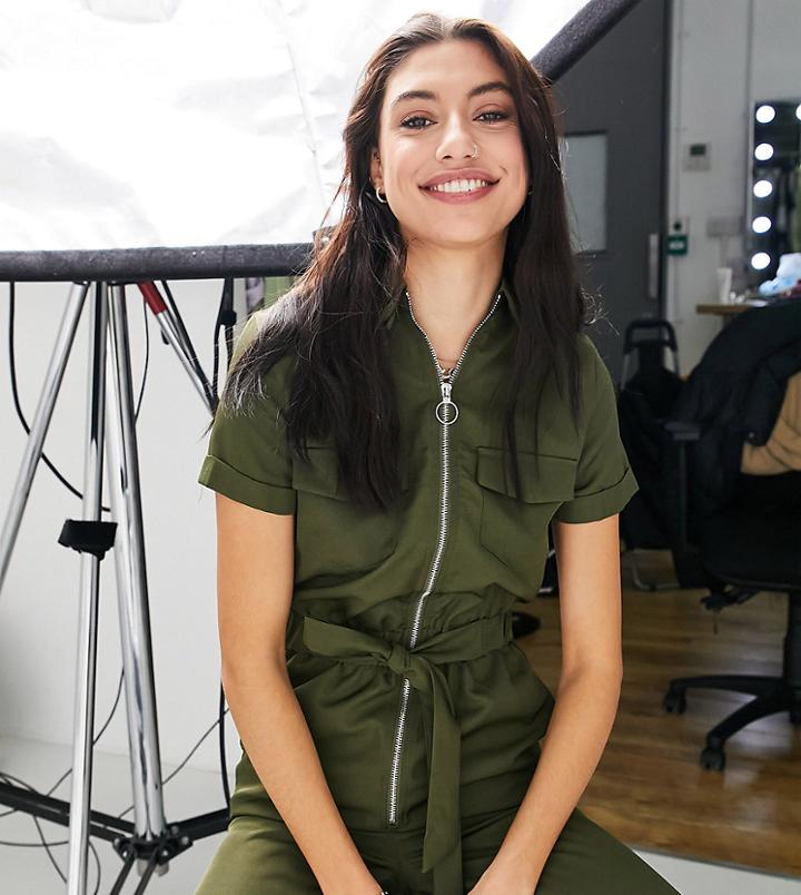 Parisian Tall Zip Up Jumpsuit In Khaki-green