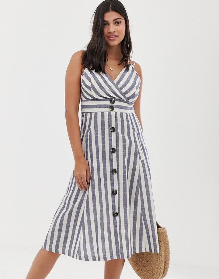 Qed London Button Front Midi Dress In Natural Stripe - Multi