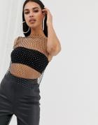 Prettylittlething Rhinestone Mesh Tank Top In Black - Black
