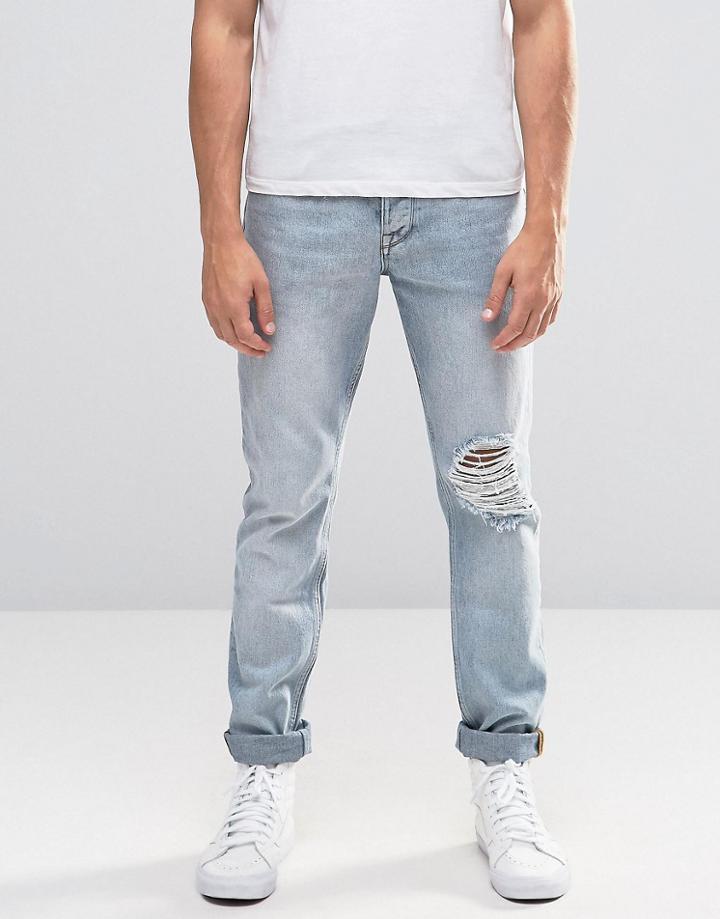 Asos Slim Jeans In Bleach Wash With Abrasions - Blue
