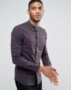 Asos Skinny Shirt In Burgundy Plaid Check With Grandad Collar - Red