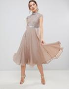 Asos Design Premium Short Sleeve Midi Dress With Heavily Embellished Bodice - Pink