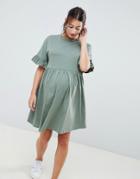 Asos Design Maternity Cotton Slubby Frill Sleeve Smock Dress - Green