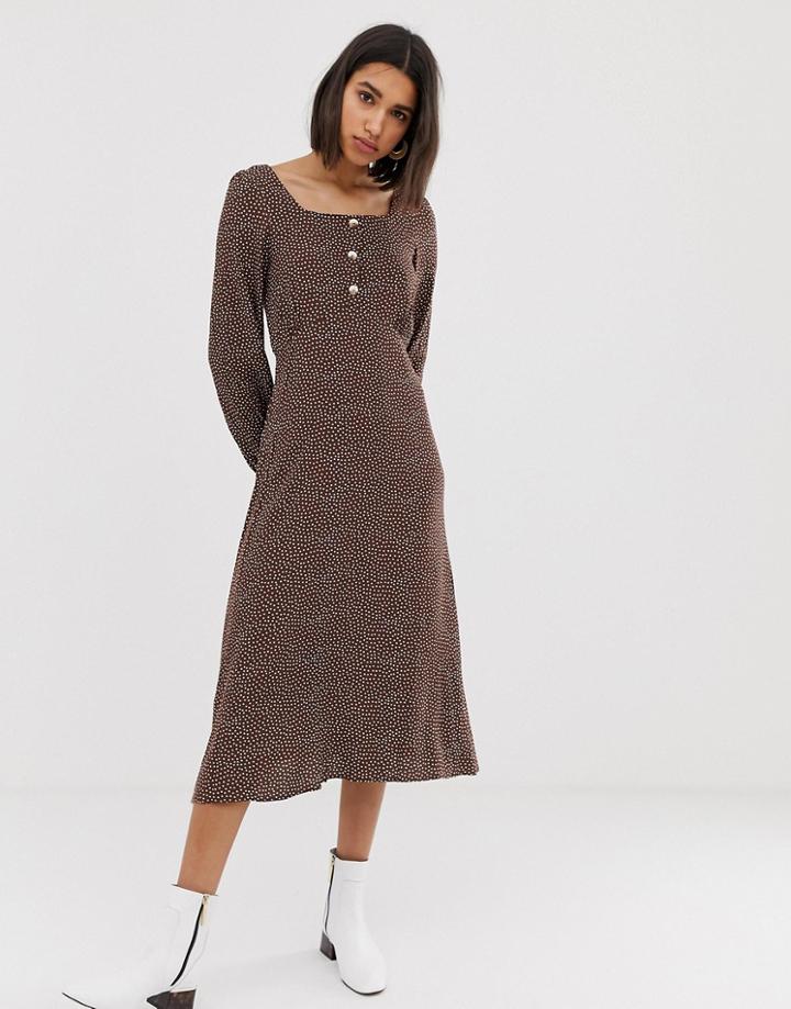 Mango Polka Dot Square Neck Midi Dress In Brown - Brown