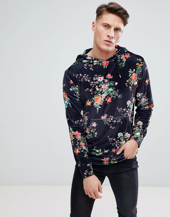 Jaded London Floral Velvet Hoodie - Black