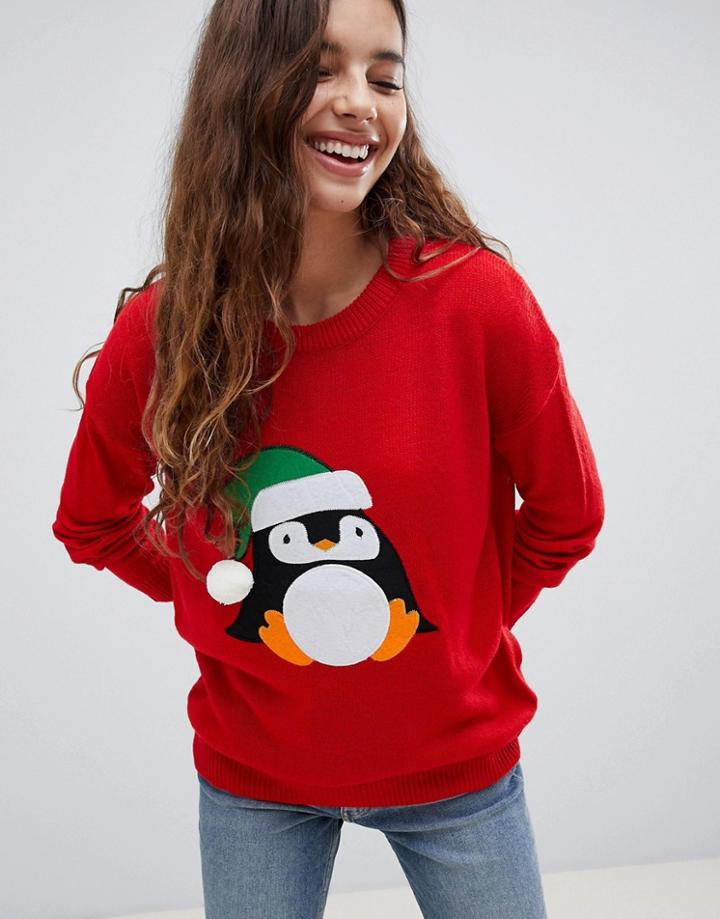 Brave Soul Penguin Christmas Sweater-red