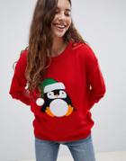 Brave Soul Penguin Christmas Sweater-red