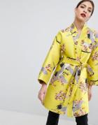 Asos Premium Kimono In Cherry Blossom Jacquard - Multi
