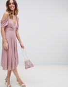 Asos Design Cold Shoulder Cowl Back Pleated Midi Dress