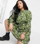 New Look Curve Balloon Sleeve Smock Dress In Green Pattern