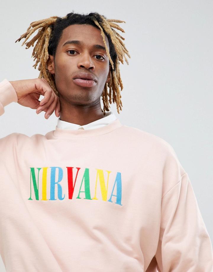 Asos Design Oversized Sweatshirt With Embroidered Nirvana Print In Pink - Pink