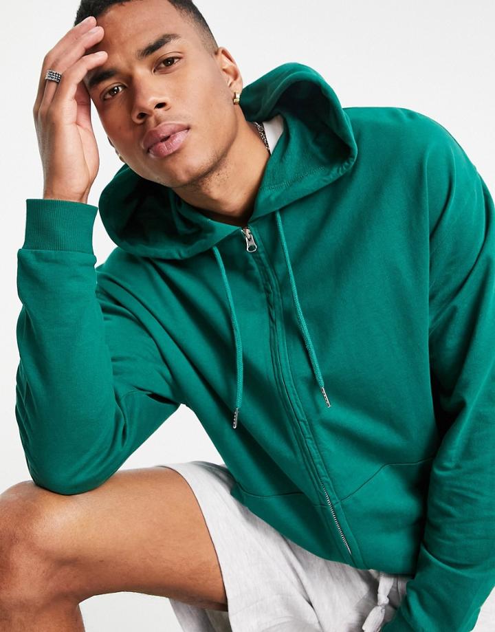 Asos Design Lightweight Oversized Zip Up Hoodie In Green
