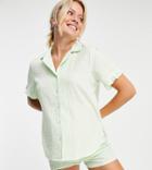 Asos Design Maternity Exclusive Gingham Seersucker Shirt With Frill & Short Pajama Set In Mint-multi