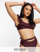Fashion Union Exclusive Square Neck Ruffle Bikini Top In Maroon-purple