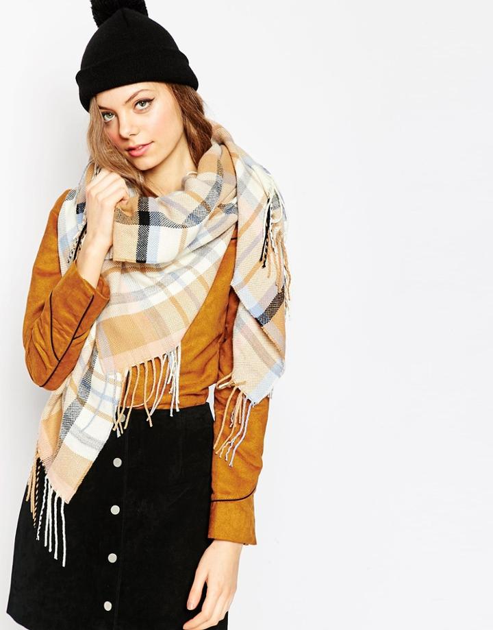 Asos Oversized Scarf In Pastel And Camel Check With Side Fringe - Multi