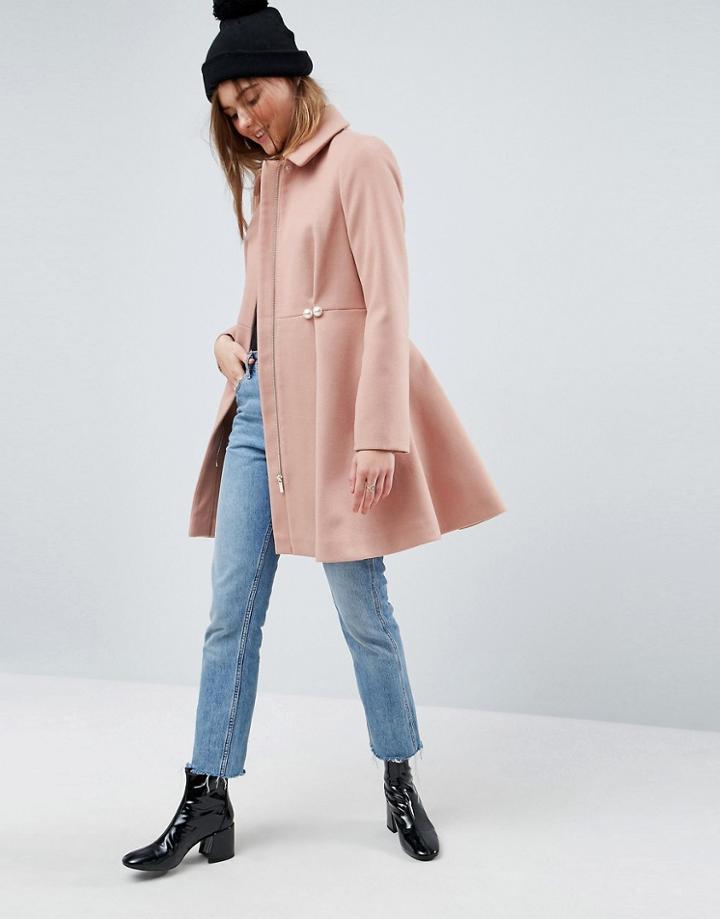 Asos Pearl Trim Skater Coat - Stone