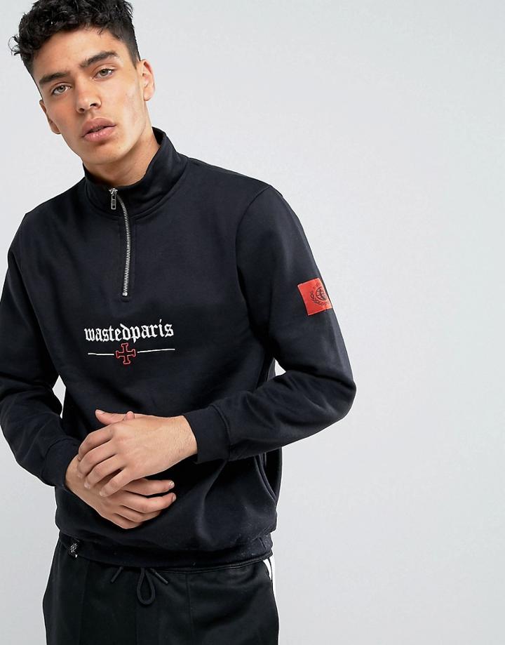 Wasted Paris Half Zip Sweathshirt With Worldwide Sleeve Print - Black