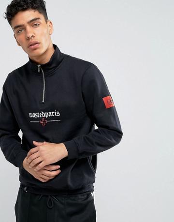 Wasted Paris Half Zip Sweathshirt With Worldwide Sleeve Print - Black