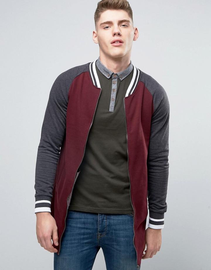 Brave Soul Long Line Baseball Zip Through Sweat Jacket - Red