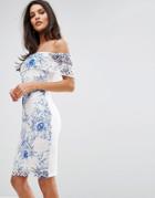 Michelle Keegan Loves Lipsy Off Shoulder Printed Lace Pencil Dess - Multi